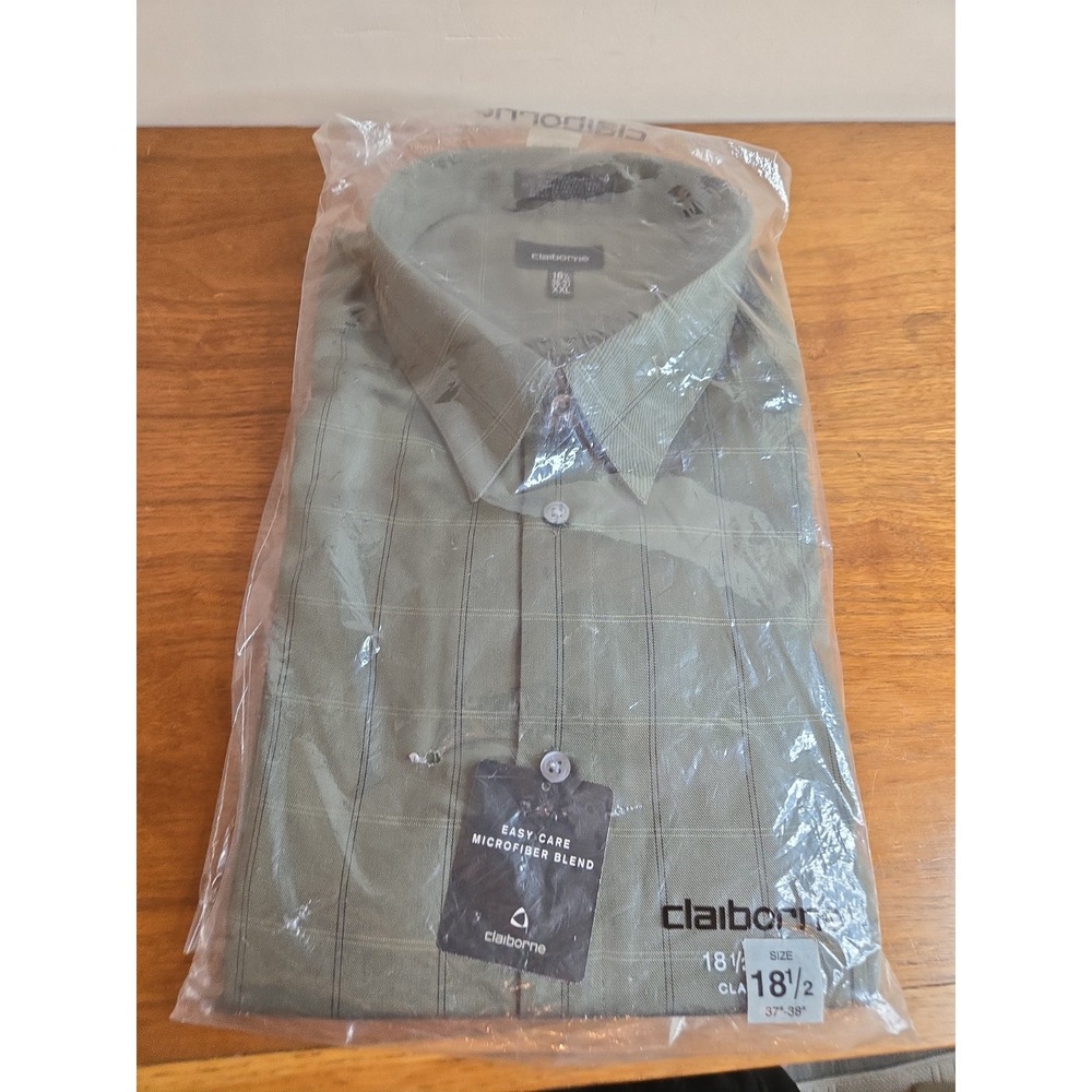 Claiborne Mens Olive Green Windowpane Dress Shirt 18.5 36/37 Vintage Y2K